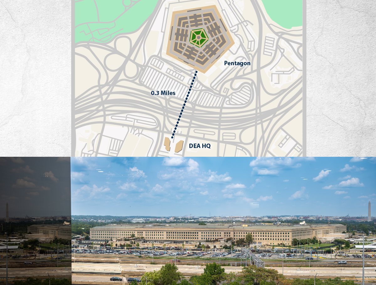 The Pentagon is only about a quarter mile away from DEA Headquarters. DEA staff on the higher floors of the West building have a clear view of the Pentagon. The plane struck on the far-left side. DEA Photo.
