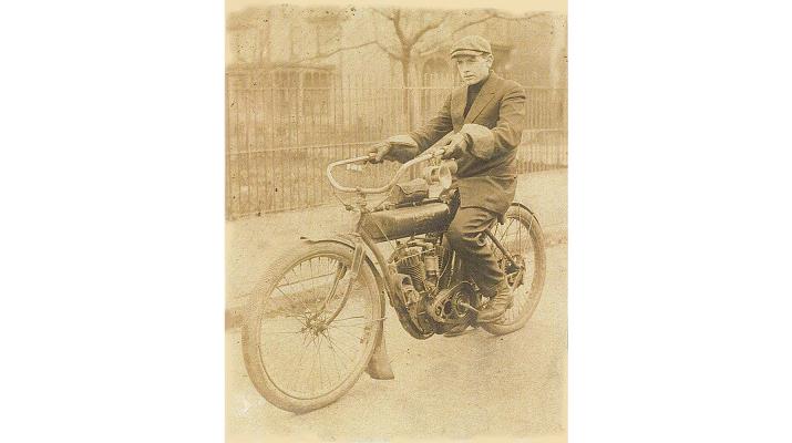 Young Harry Anslinger riding his brother's motorcycle. 