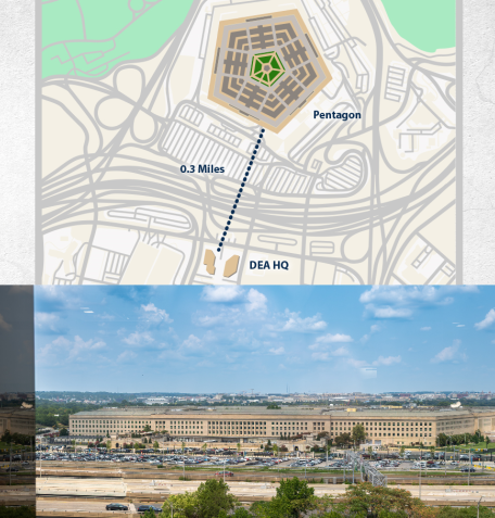 Top: The Pentagon is only about a quarter mile away from DEA Headquarters. Bottom: DEA staff on the higher floors of the West building have a clear view of the Pentagon. The plane struck on the far-left side. DEA Photo.