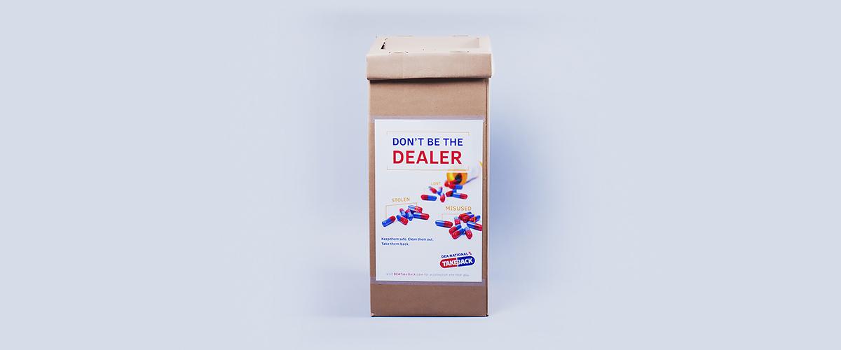 A cardboard box used to collect unwanted or expired prescription drugs on DEA's National Prescription Drug Take Back Day.