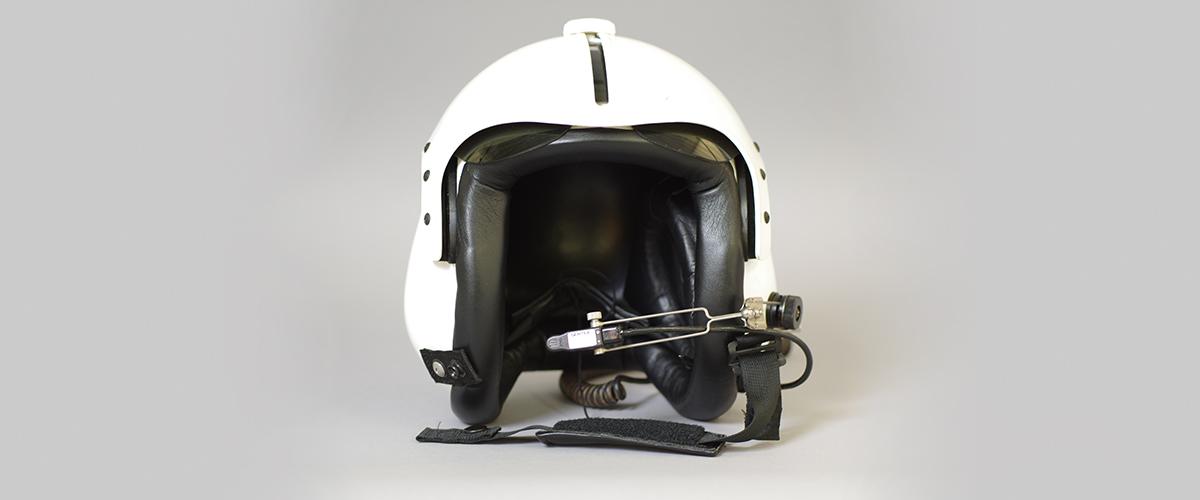 A white and black pilot helmet.