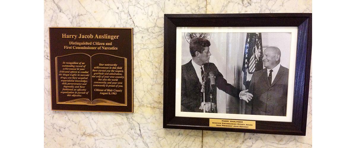 Restored plaque honoring Anslinger in Blair County Courthouse