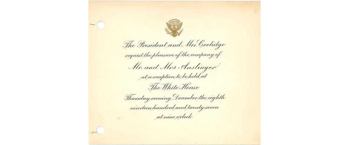 An invitation to a reception with President and Mrs. Calvin Coolidge