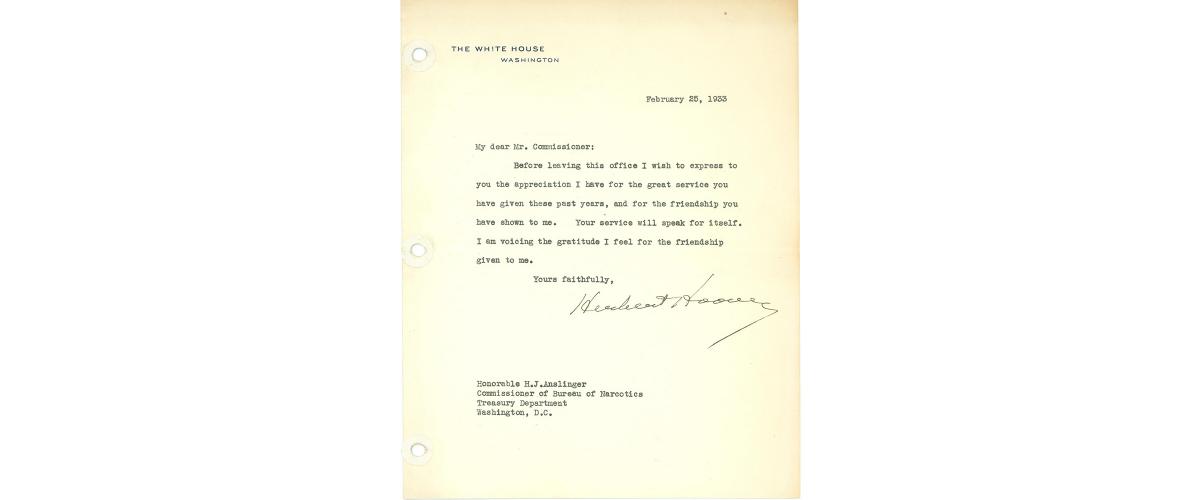 A letter from President Herbert Hoover to Harry J. Anslinger