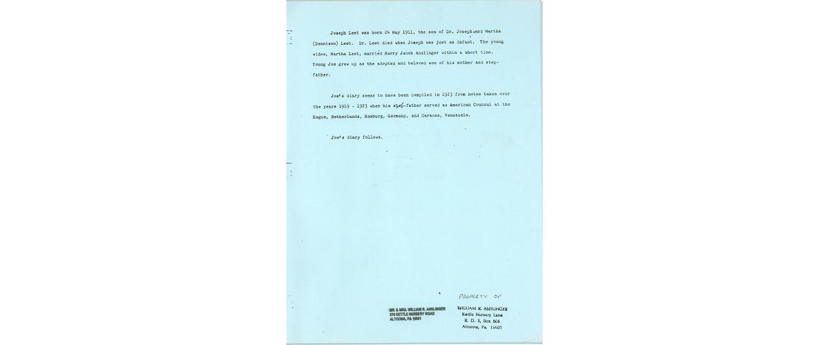 A page from Joseph Anslinger's diary