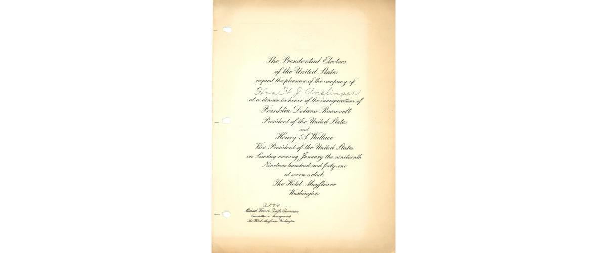 Invitation to a dinner celebrating President Franklin D. Roosevelt's inauguration