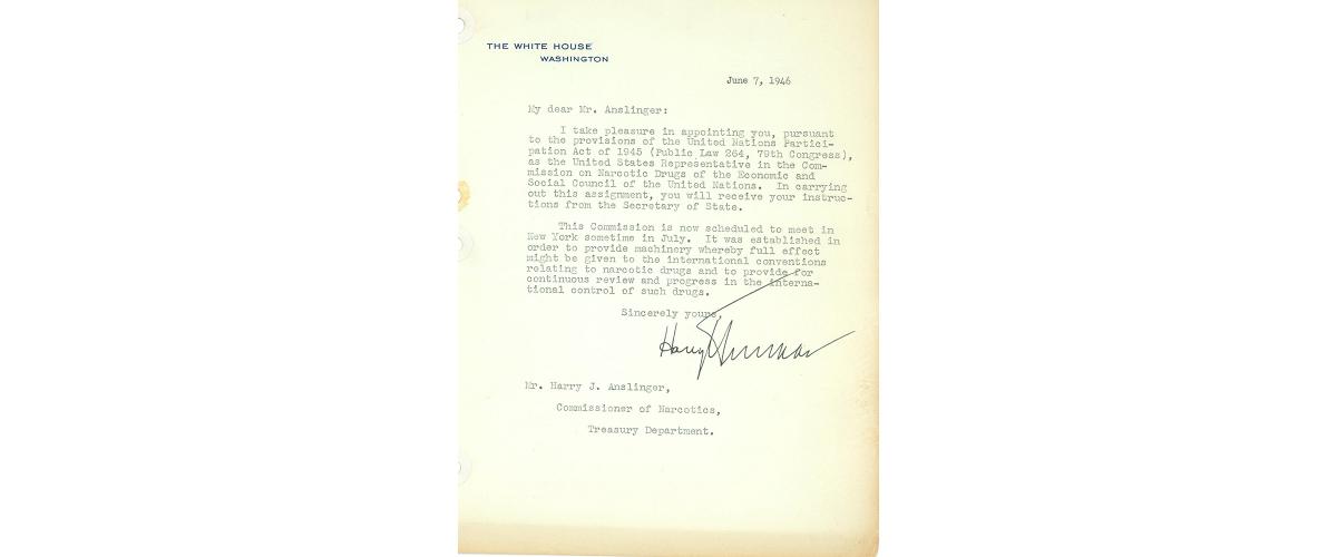 A letter appointing Anslinger to the U.N. Commission on Narcotic Drugs