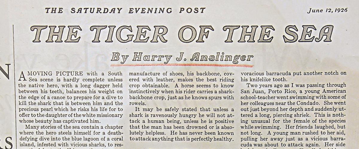 A newspaper article titled "Tiger of the Sea" by Harry J. Anslinger