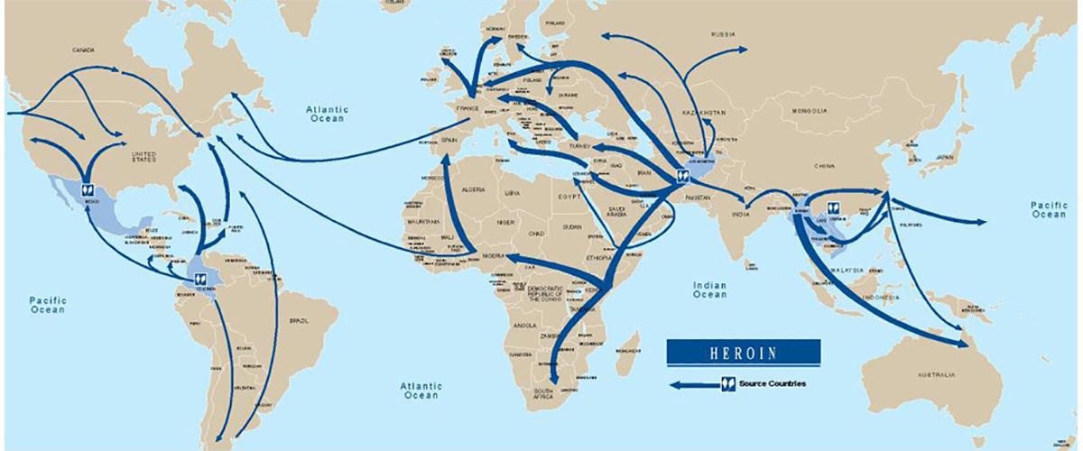 A map of global heroin drug trafficking