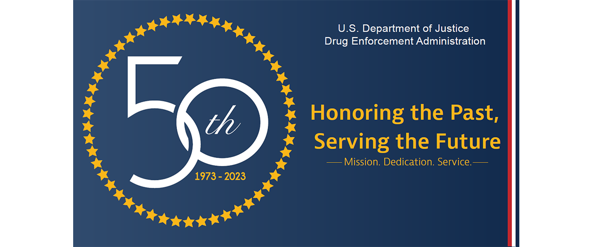A blue and gold flag commemorating DEA's 50th anniversary.