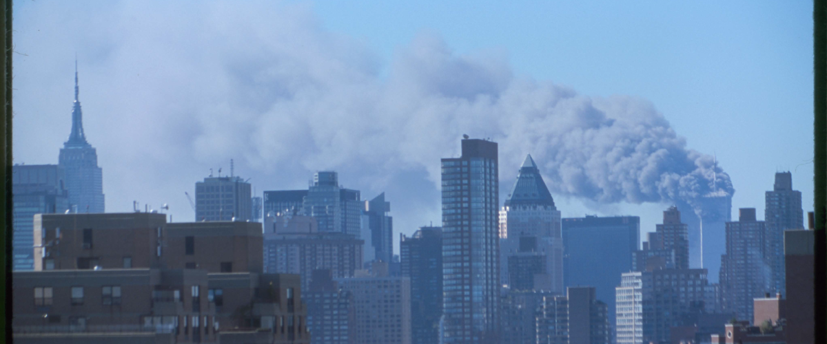 Smoke billows from the towers before they collapsed. Library of Congress.