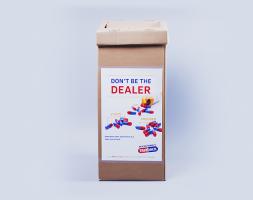 A cardboard box used to collect unwanted or expired prescription drugs on DEA's National Prescription Drug Take Back Day.